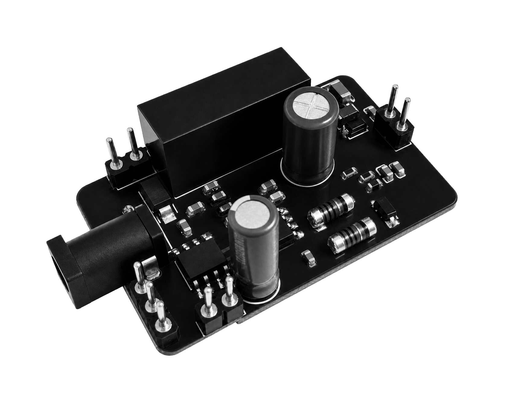 Close view of a ScorpE electronics board with assembled components