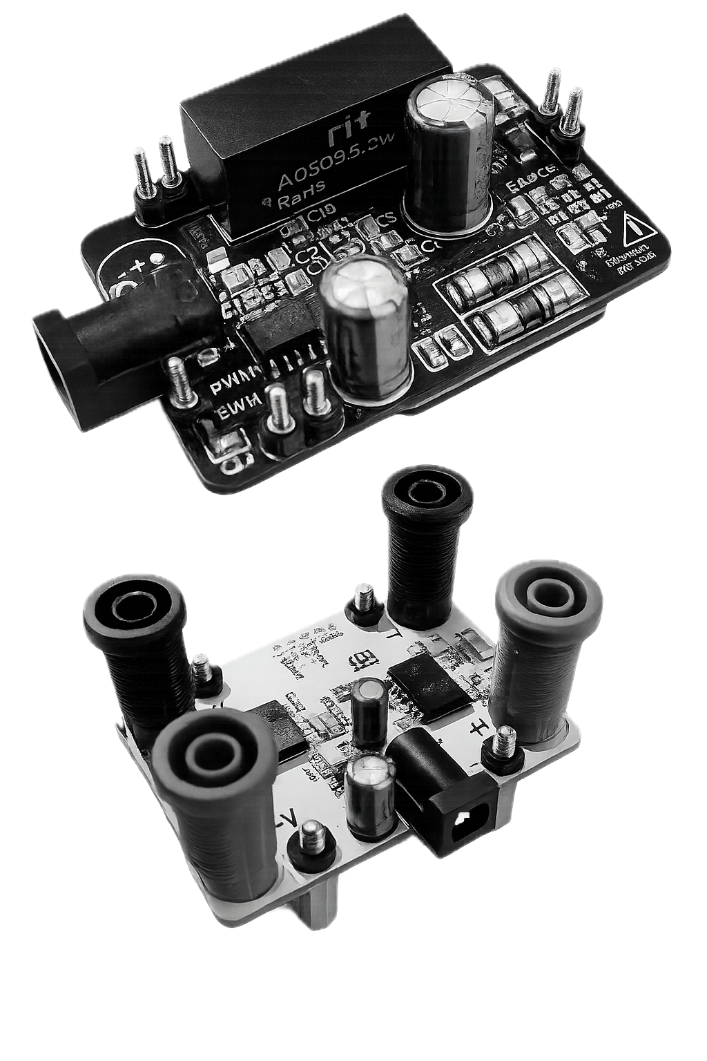 Two ScorpE electronics board revisions shown together